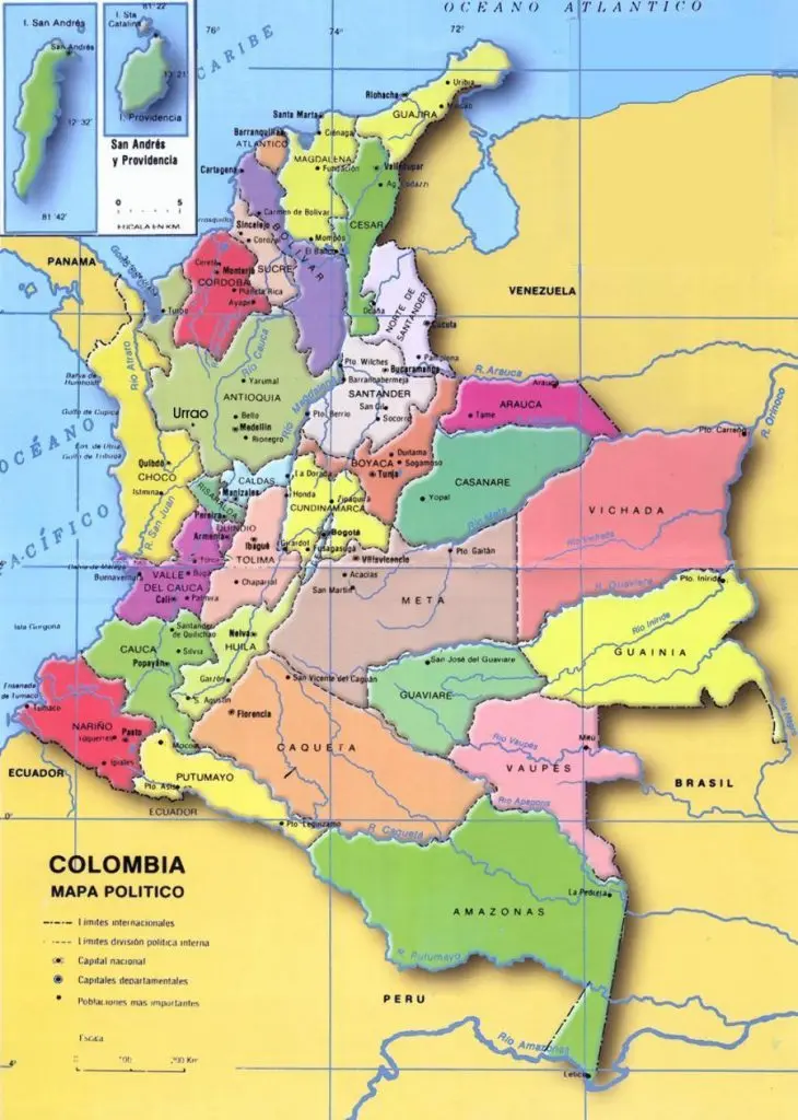 Mapa de Colombia con los 32 departamentos y sus capitales