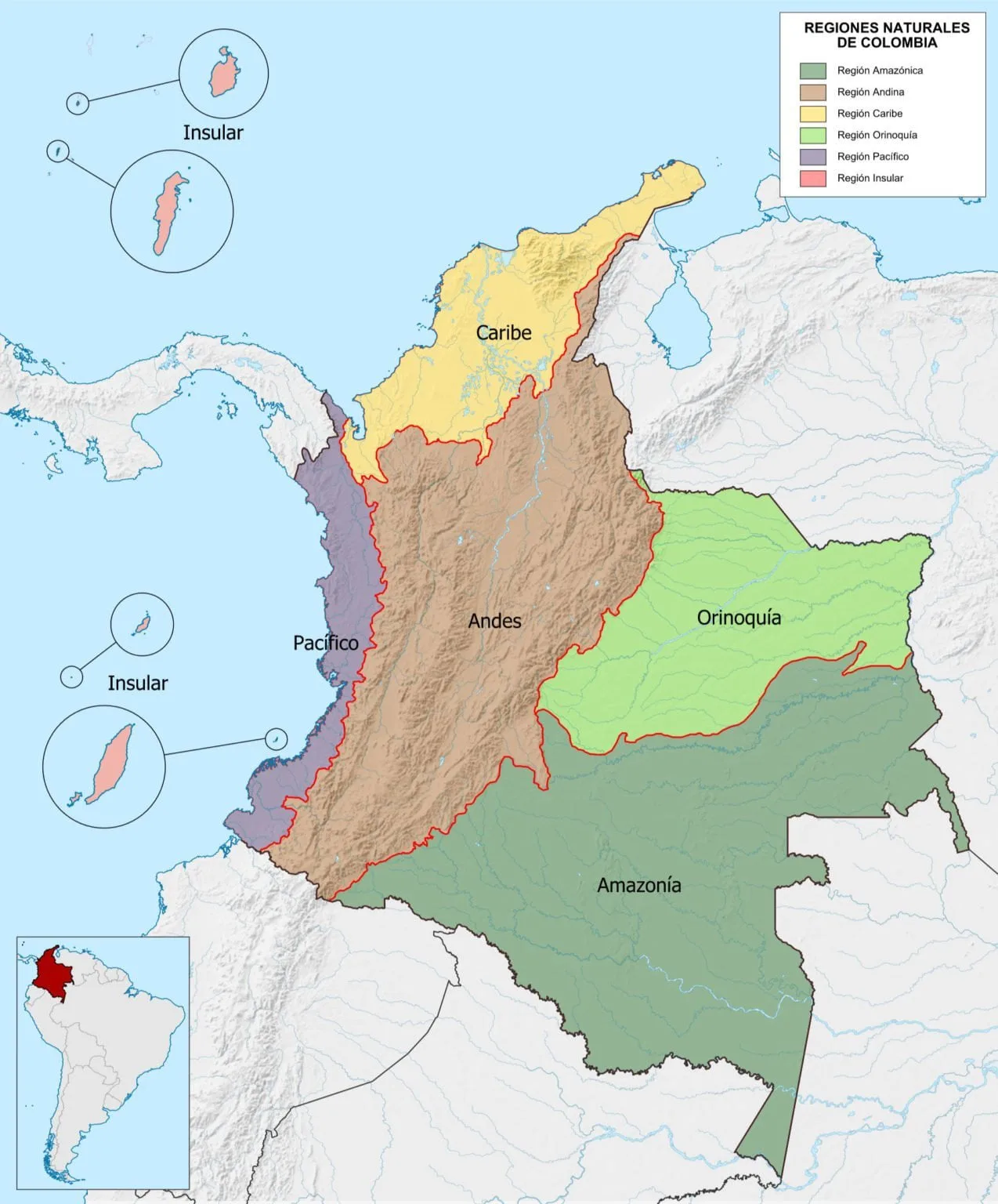 Mapa de las 6 regiones naturales de Colombia